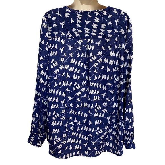 Elementz Birds on a Wire Button Front Blouse Convertible Sleeves Blue Sz XL - Picture 4 of 8